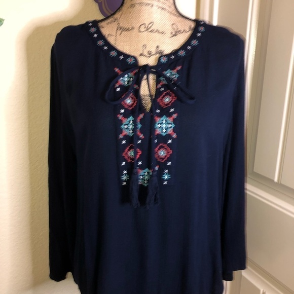 Daniel Rainn Embroidered Aztec Style Navy Blue Long Sleeve Blouse Size S - Picture 7 of 8